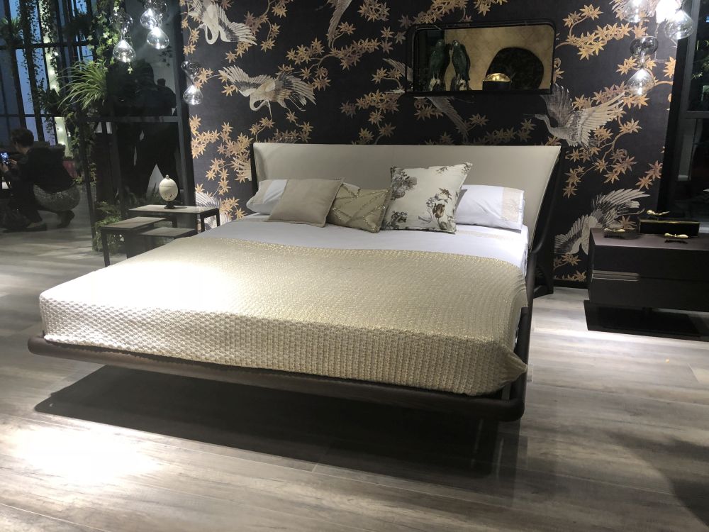 Modern wood bed frame with gray headboard