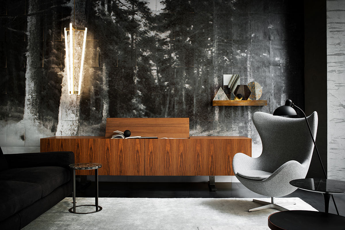Monochromatic grey living room interior design with egg chair