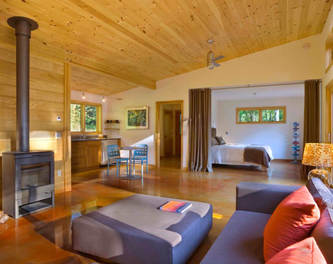 Mountain cabin room divider with curtain