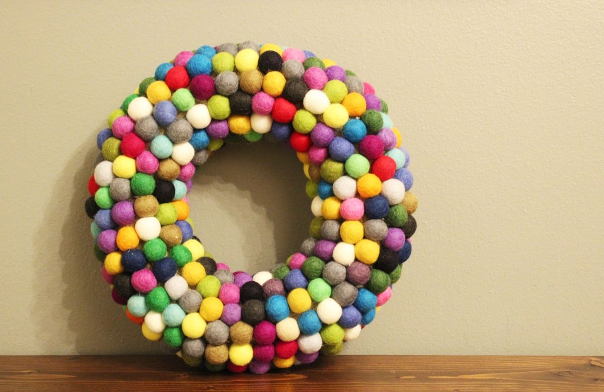 Multi-colored felt ball wreath