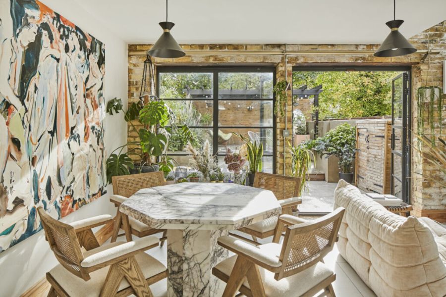 Neutral boho renovation in London dining room