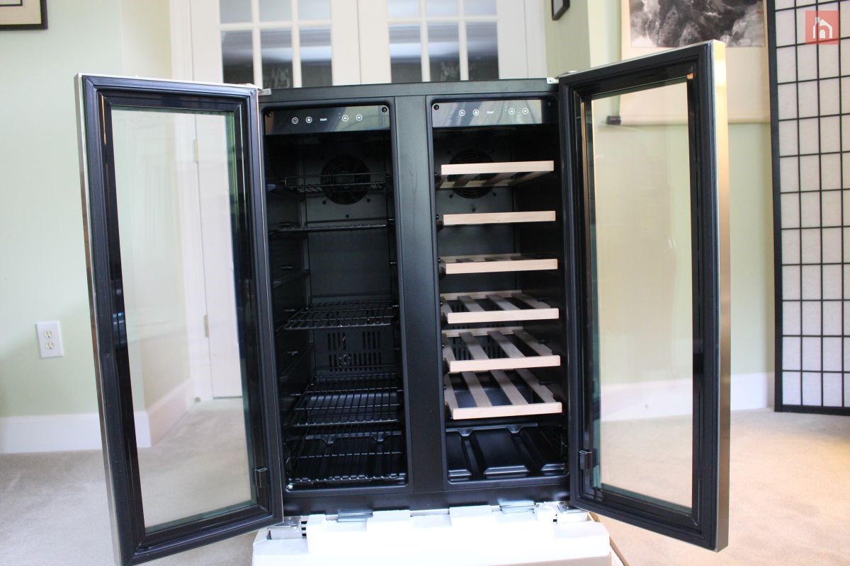NewAir 24” Premium Built in Dual Zone 18 Bottle and 58 Can French Door Wine and Beverage Fridge doors