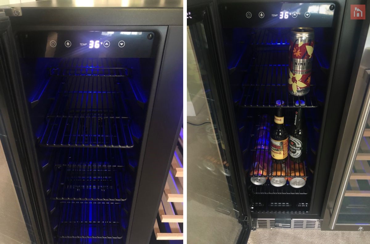 NewAir 24” Premium Built in Dual Zone 18 Bottle and 58 Can French Door Wine and Beverage Fridge full