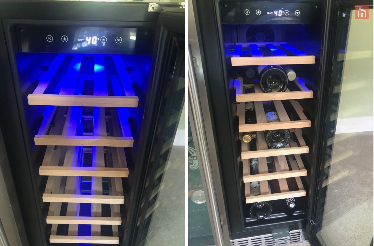 NewAir 24” Premium Built in Dual Zone 18 Bottle and 58 Can French Door Wine and Beverage Fridge wine compartiment