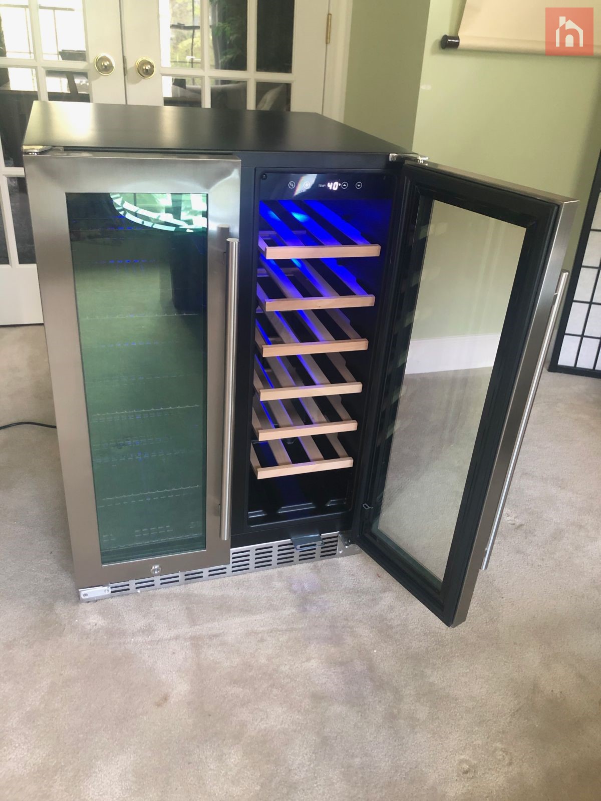 NewAir 24” Premium Built in Dual Zone 18 Bottle and 58 Can French Door Wine and Beverage Fridge wine