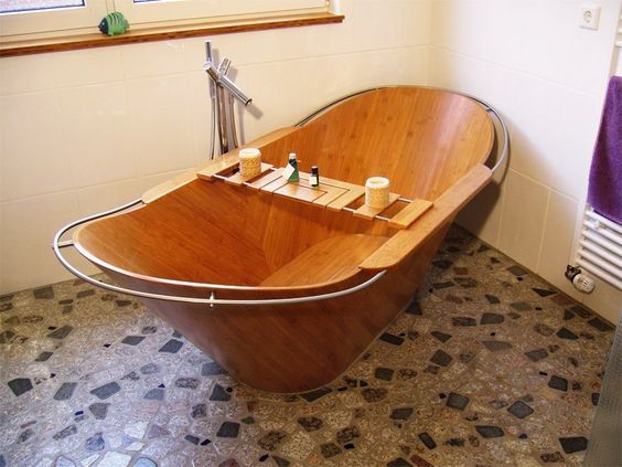 Niewendick's two-person Bamwan wooden bathtub is more European than eastern style, but would still be equally relaxing for a good soak. The design is ergonomic and the stainless steel railing helps bathers enter and exit safely.