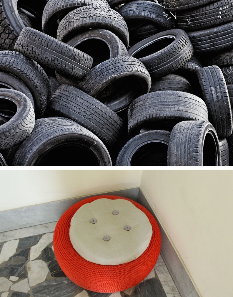 Old tyre stool seating with storage