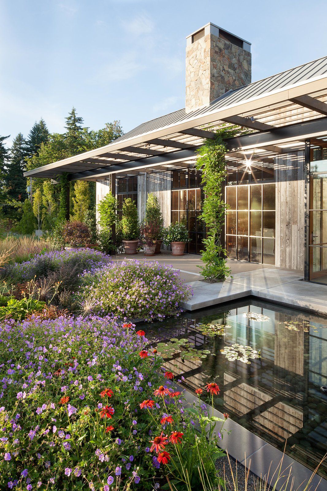 A water feature amid the gardens adds to the beauty.