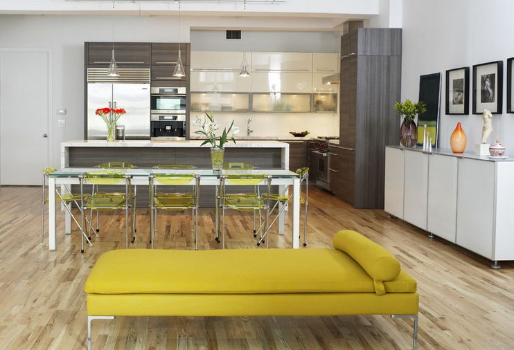 Open space kitchen with Chartreuse funiture accents