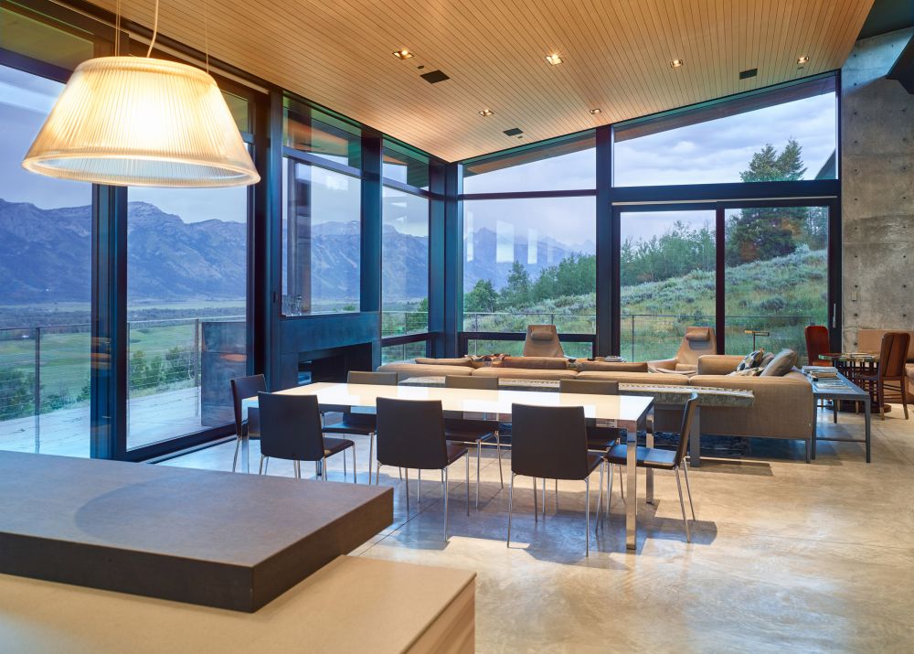 Open space living room with polished concrete floor