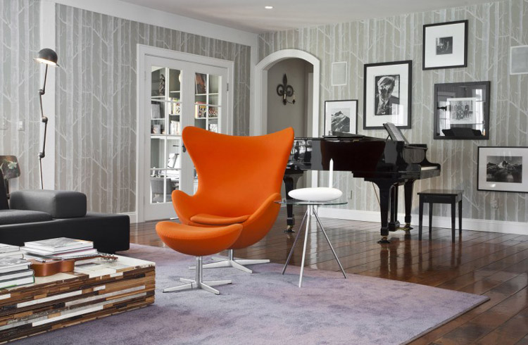 Orange egg chair design birch wood wallpaper