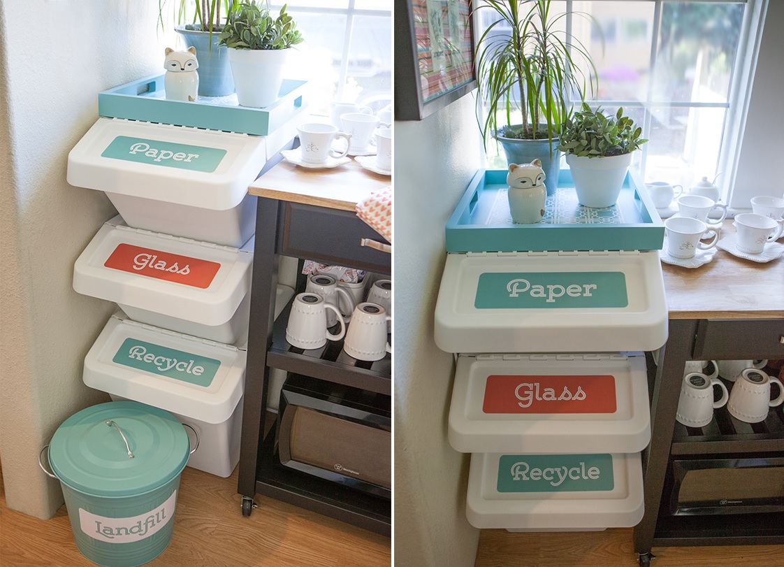 Organized plastic bins for trash