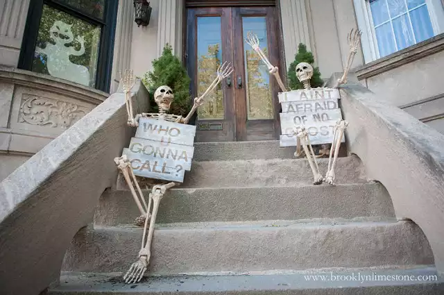 Outdoor entrance stairs with skeletons