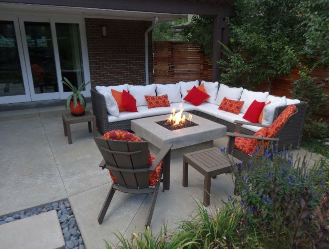 Outdoor firepit seating with fall pillows