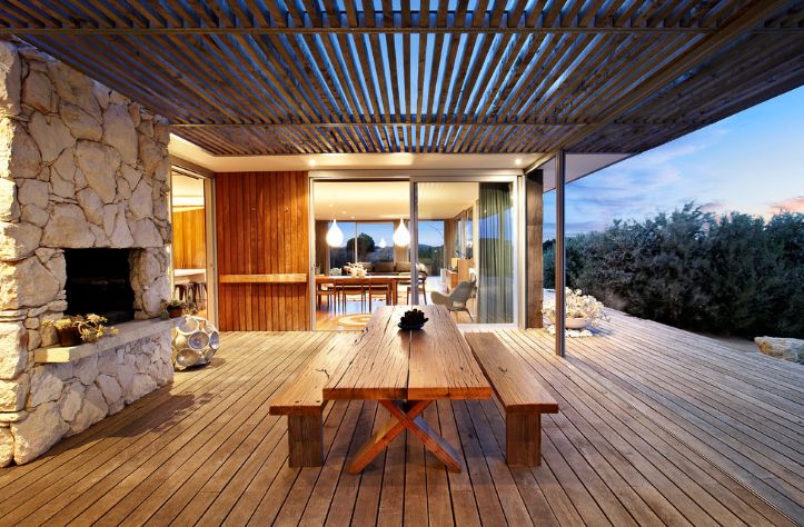 Outdoor fireplace with stacked stone