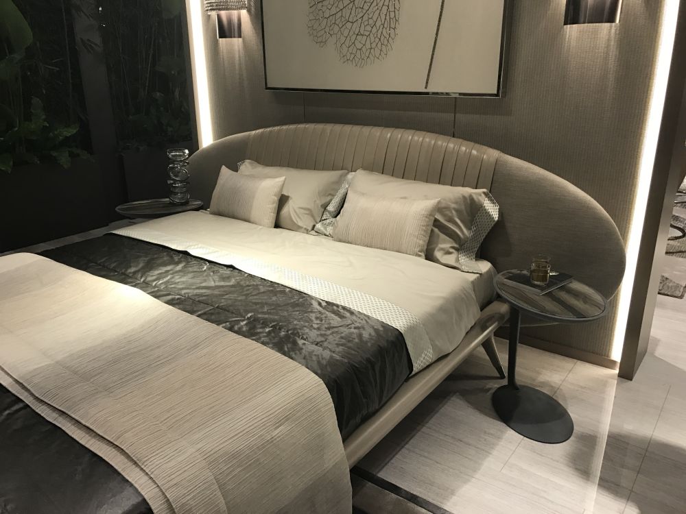 Oval unique bed headboard in gray leather