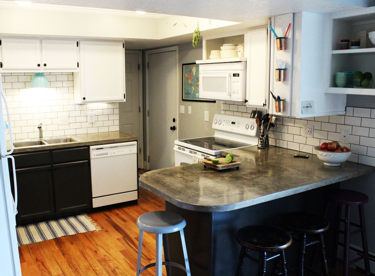 Overall Kitchen Pictures with Subway Tile Backsplash and Concrete Countertop