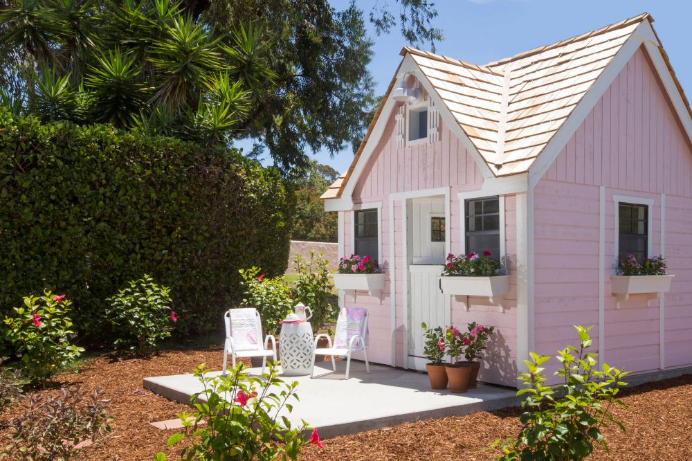 Pastel pink tiny house exterior