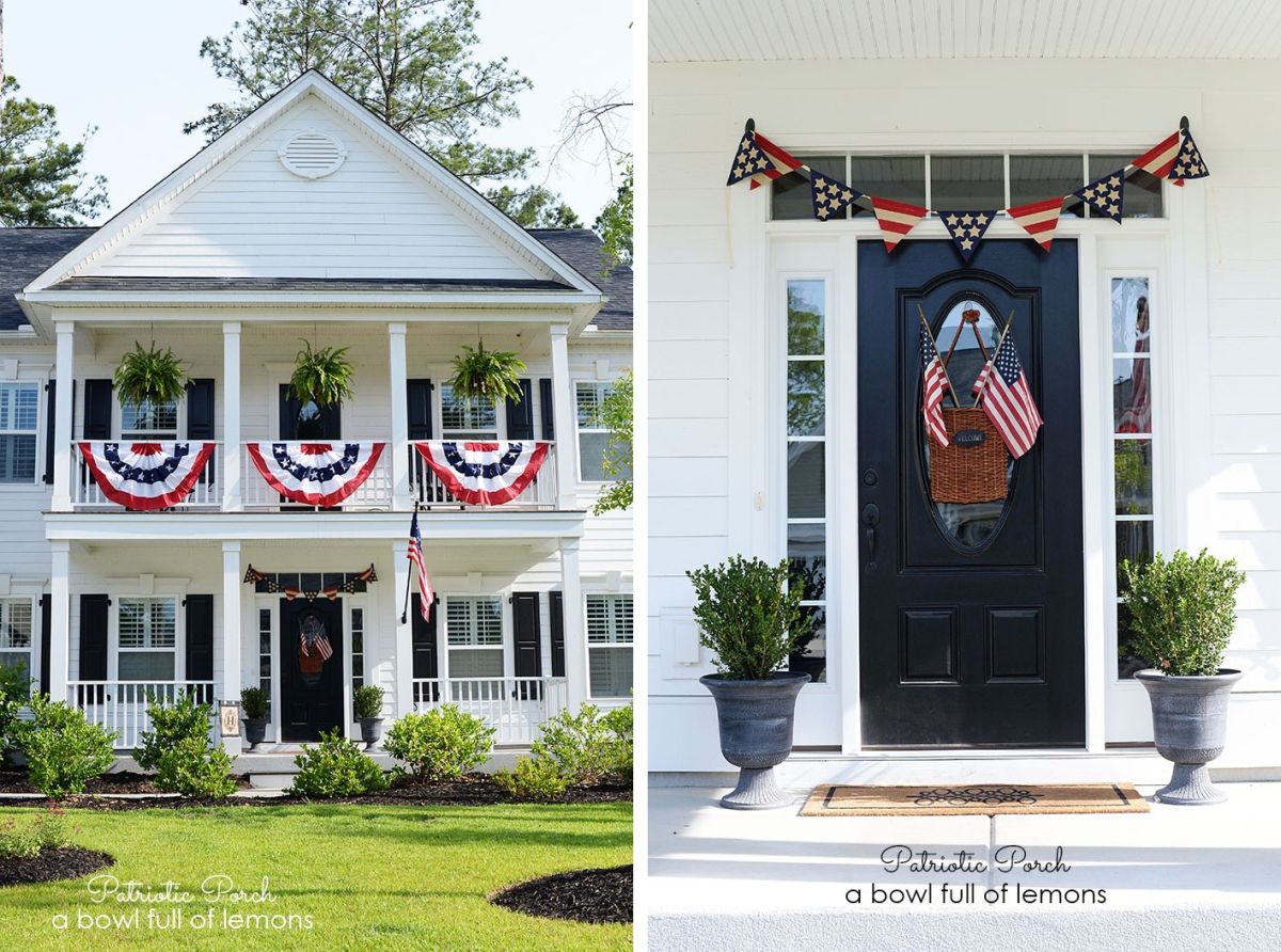 Patriotic front door decor and balustrade