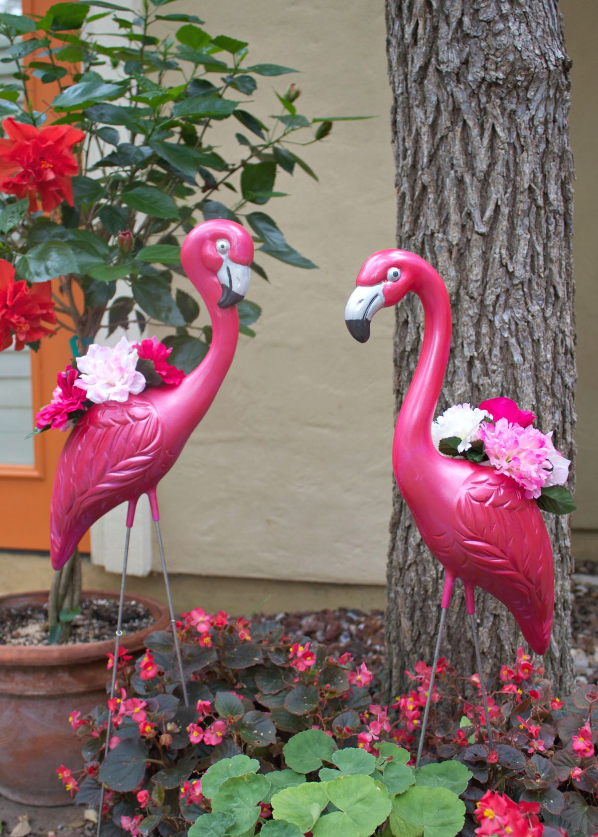 Plastic flamingo planters