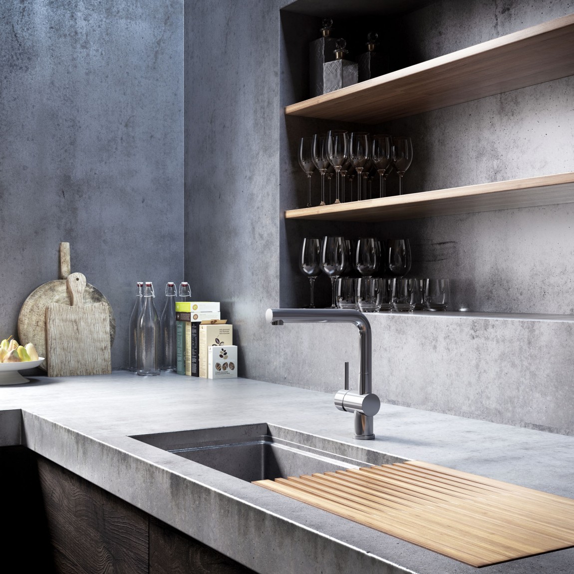 Polished cement countertop and wood cabinets doors