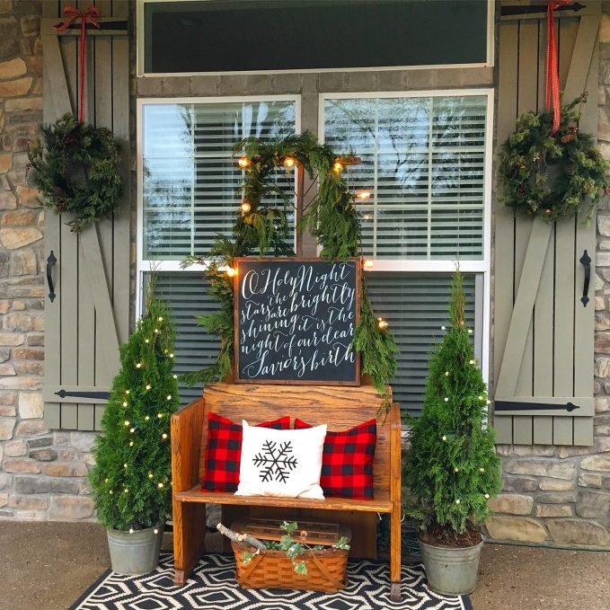 Porch decor with bench and little trees