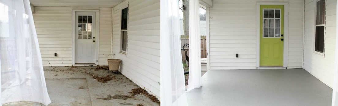 Porch renovation with lime green front door