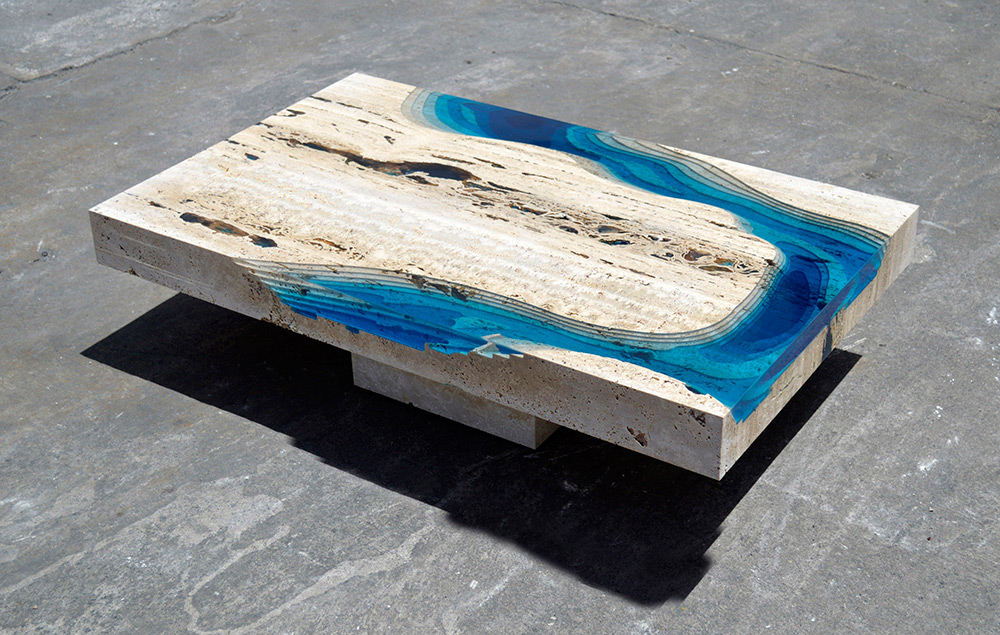 Pure design of Lagoon table Travertine Marble and Resin