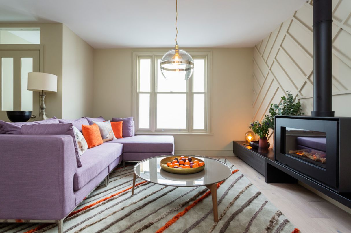Purple upholstered l shaped small sofa