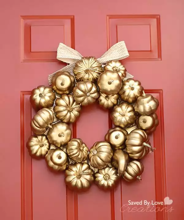 Red door with gold wreath for Thanksgiving