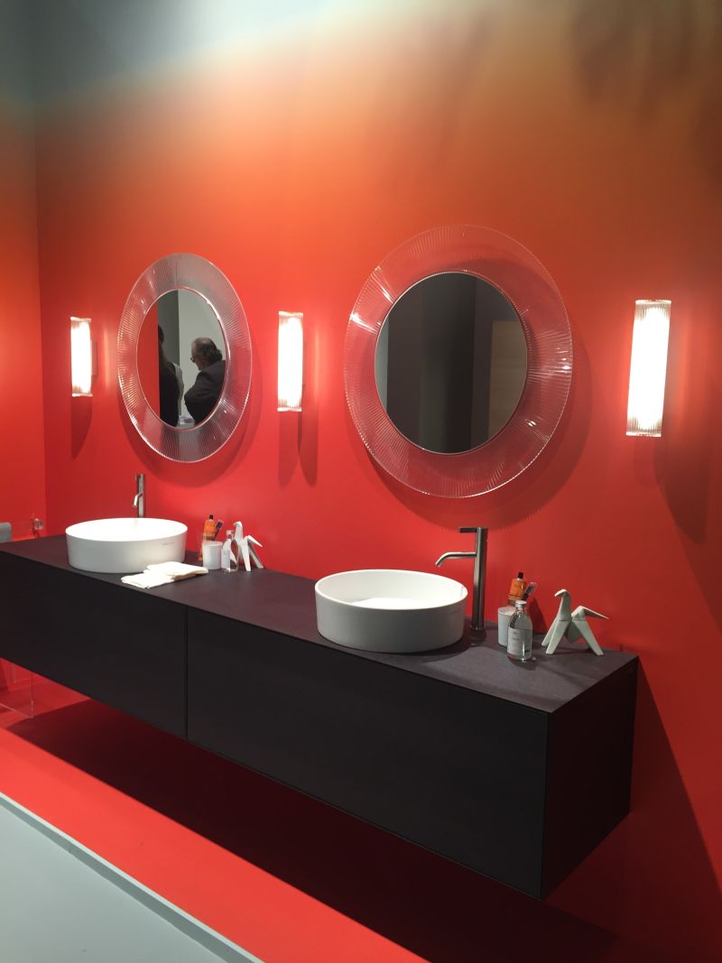 Red ombre wall for bathroom and double vanity