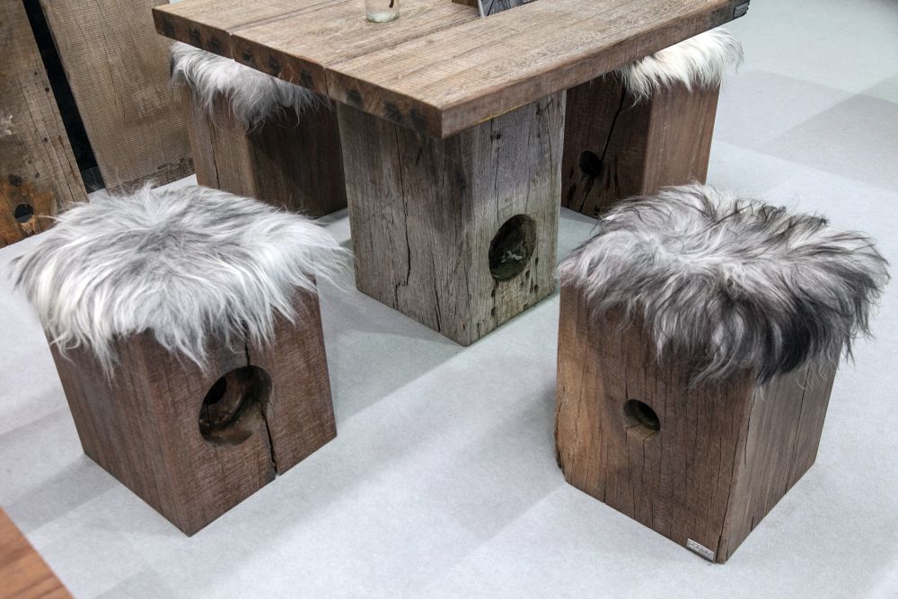 Relcimed Wood Furniture Table and stools with faux fur