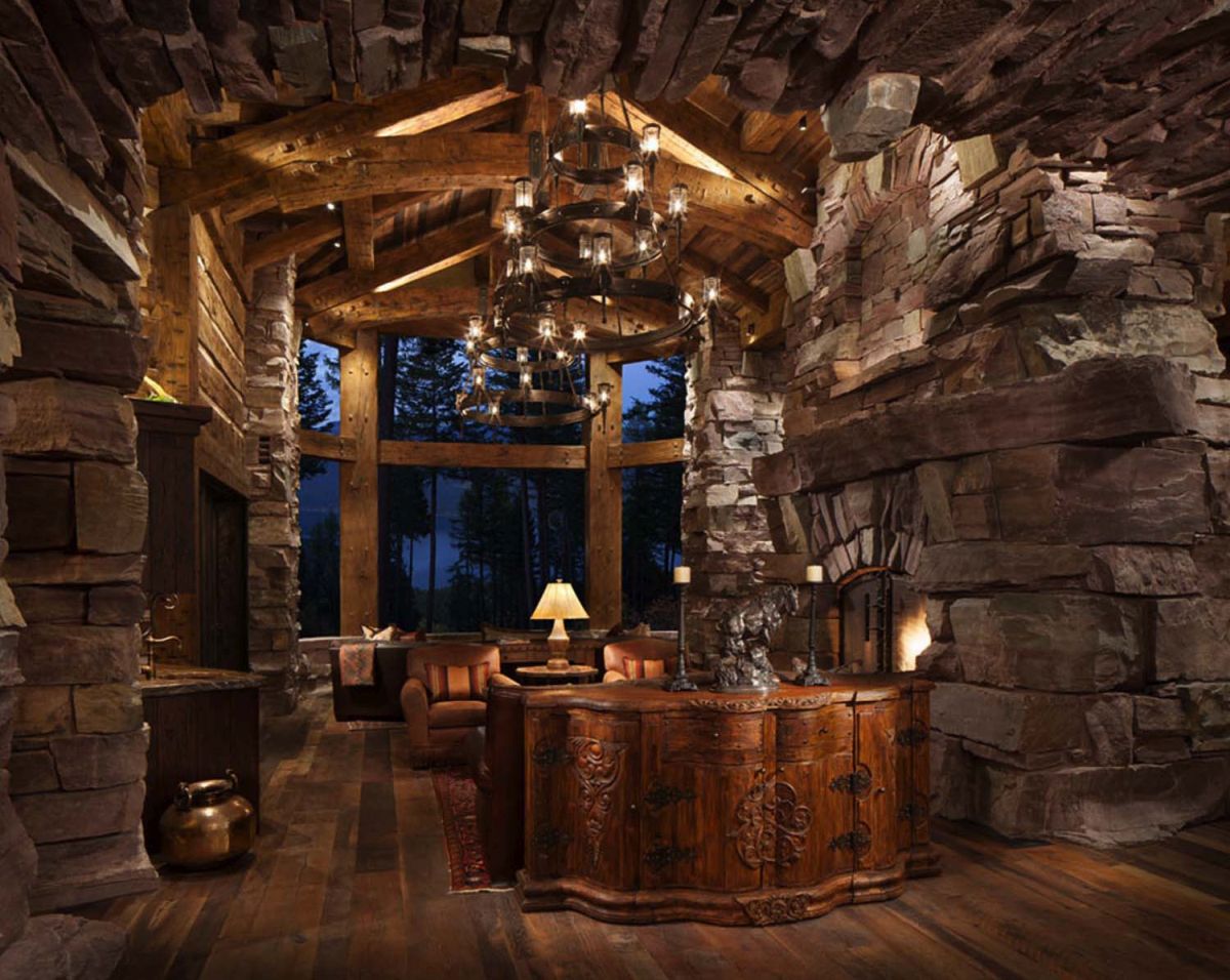 Rock style living room mountain lodge