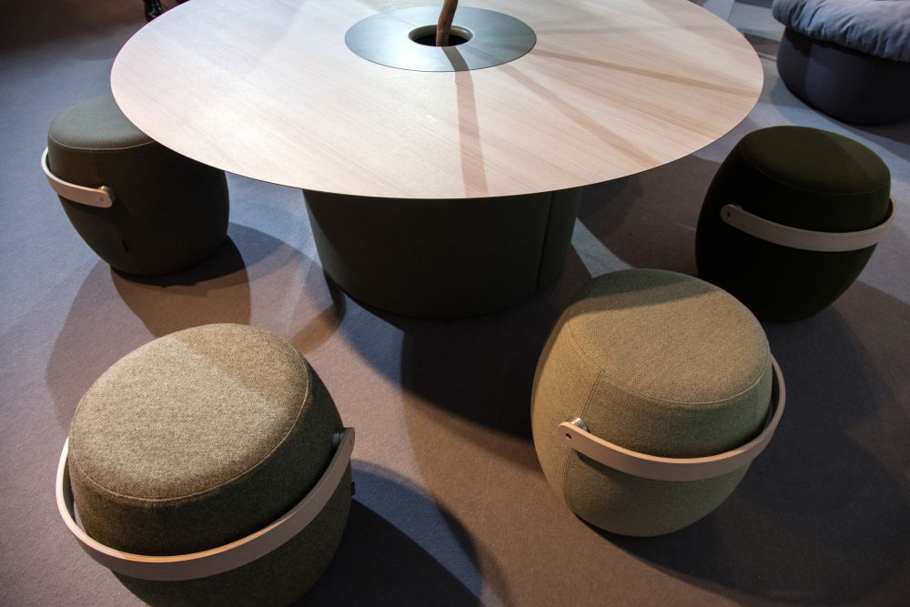 Round Ottomans used like Stools for Table