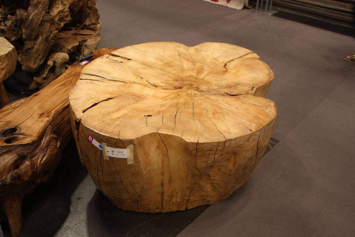 Round wood stump used like seating or coffee table