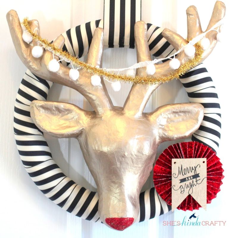 Paper mache wreath with a Rudolph theme