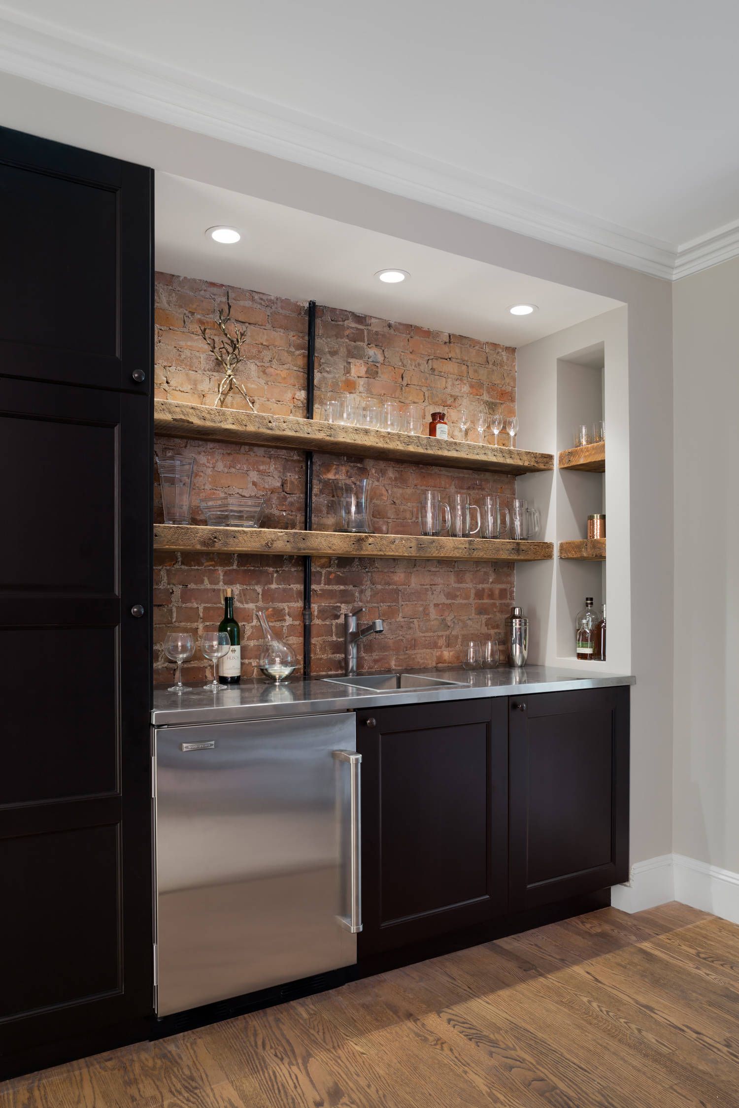 Rustic basement bar brick wall rustic shelves