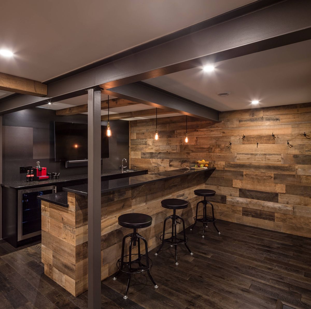 Rustic basement bar steel beams wood wall