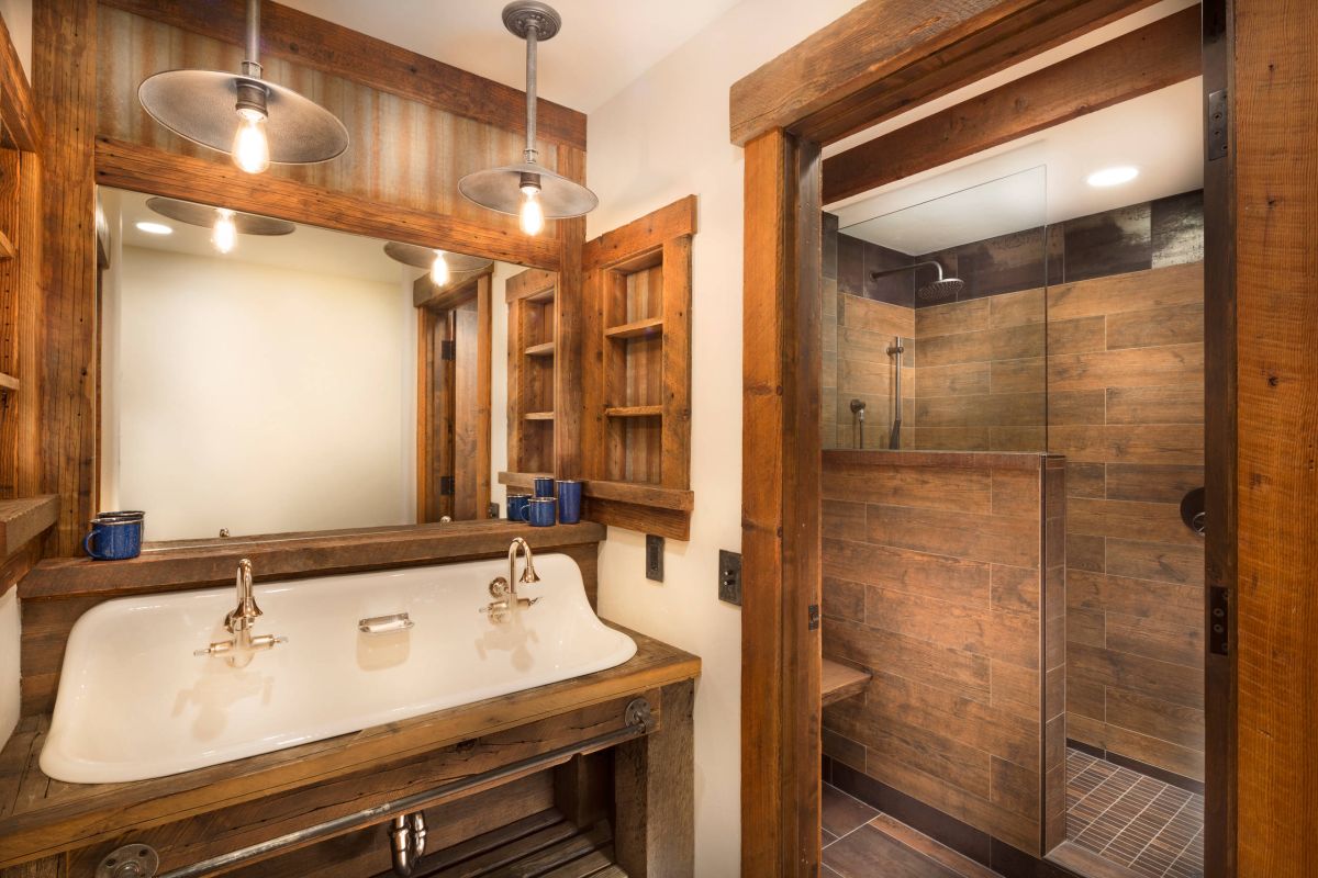 Rustic bathroom with wood tiles like