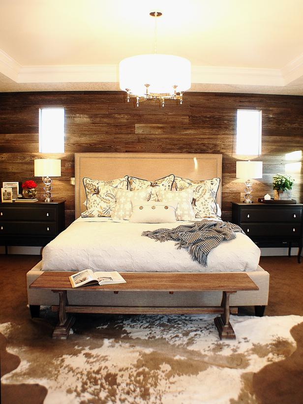 Rustic bedroom with cowhide rug