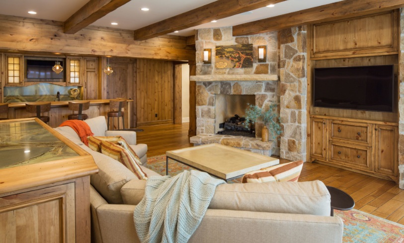 Rustic family living with corner fireplace