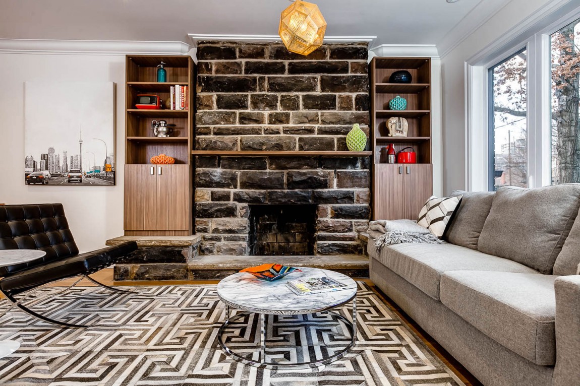 Rustic fireplace with stacked stone fireplace