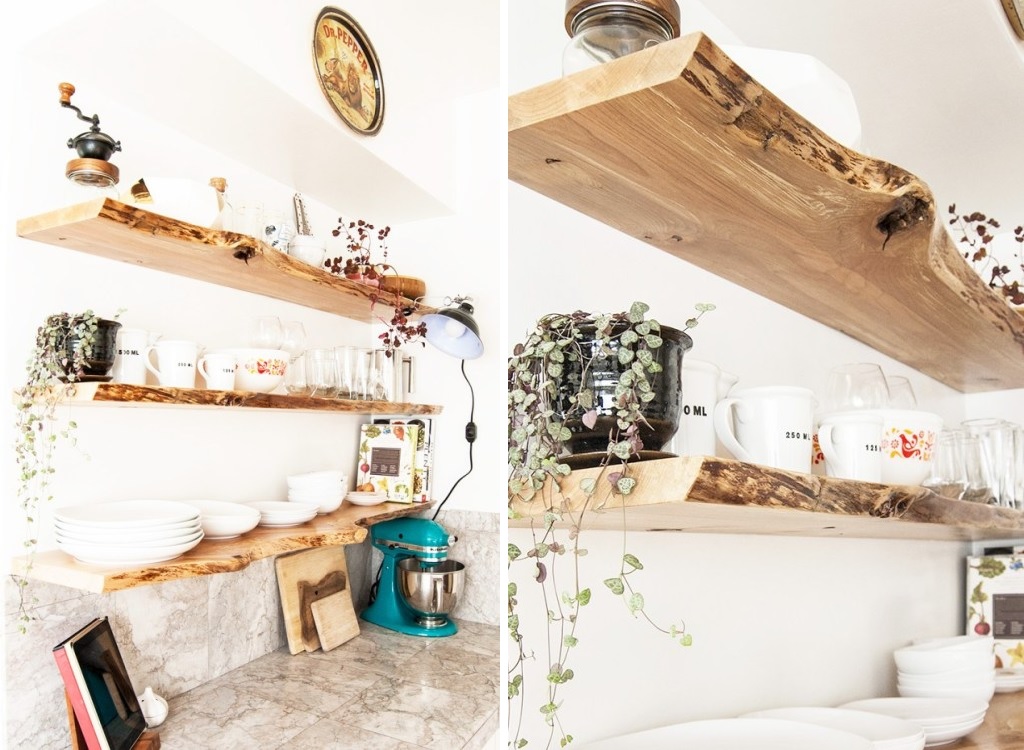 Live edge rustic shelves in the kitchen