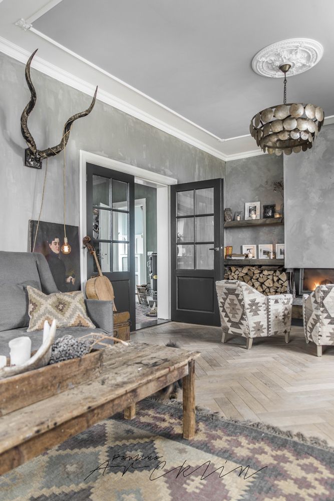 Rustic living room with gray walls