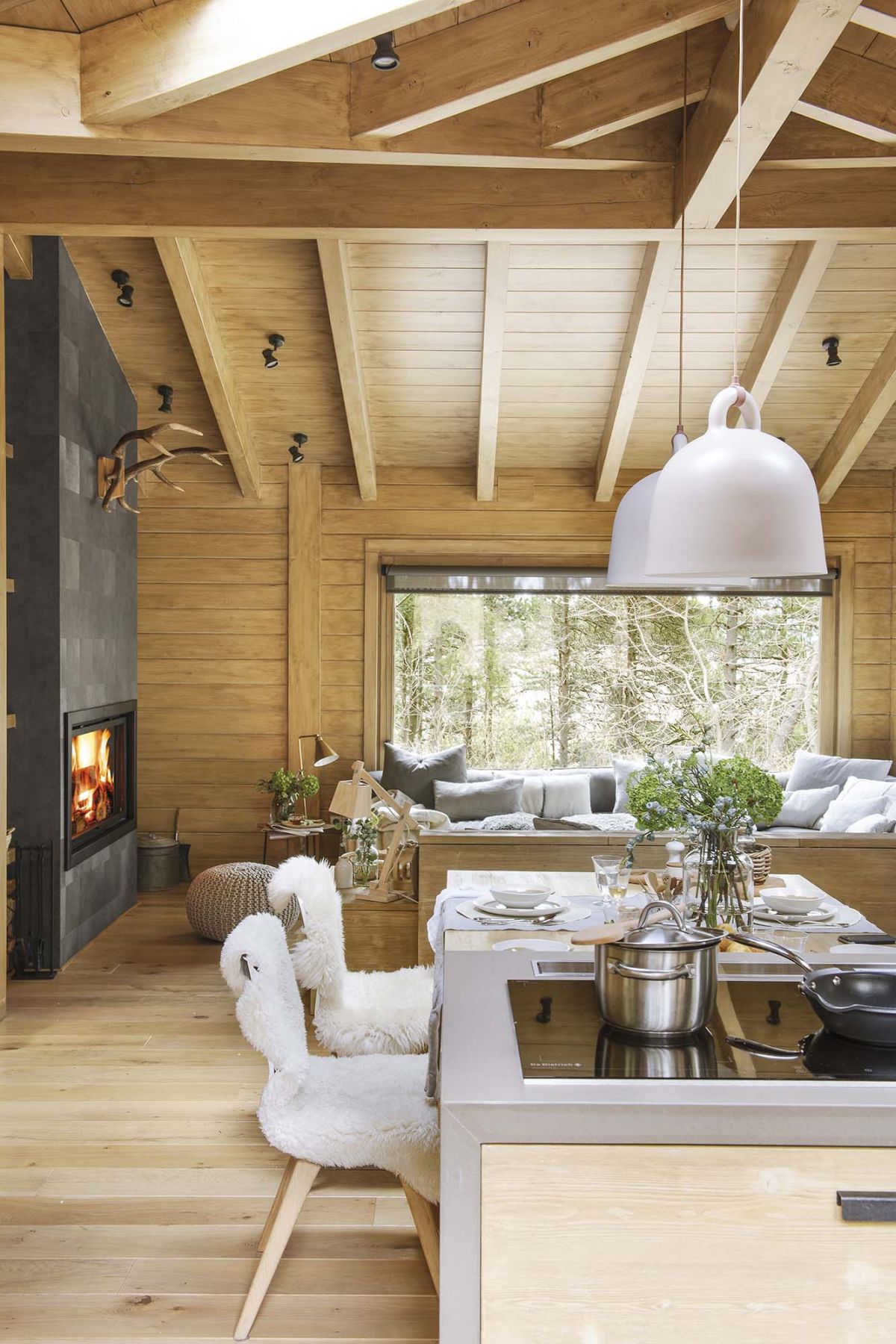 Rustic living room with kitchen island