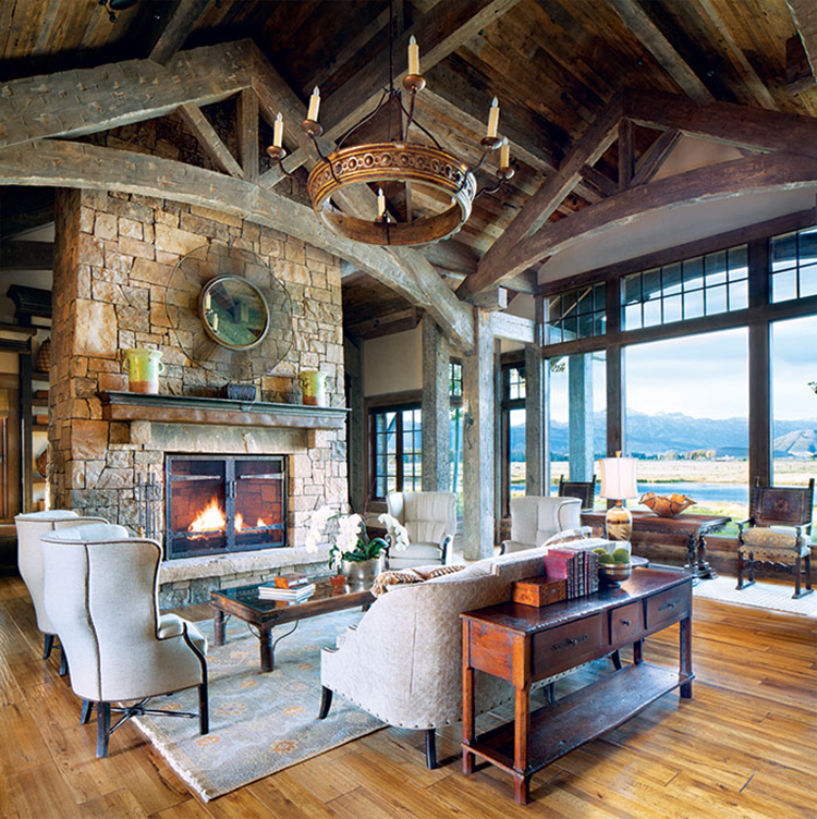 Rustic living room with wood beams and fireplace