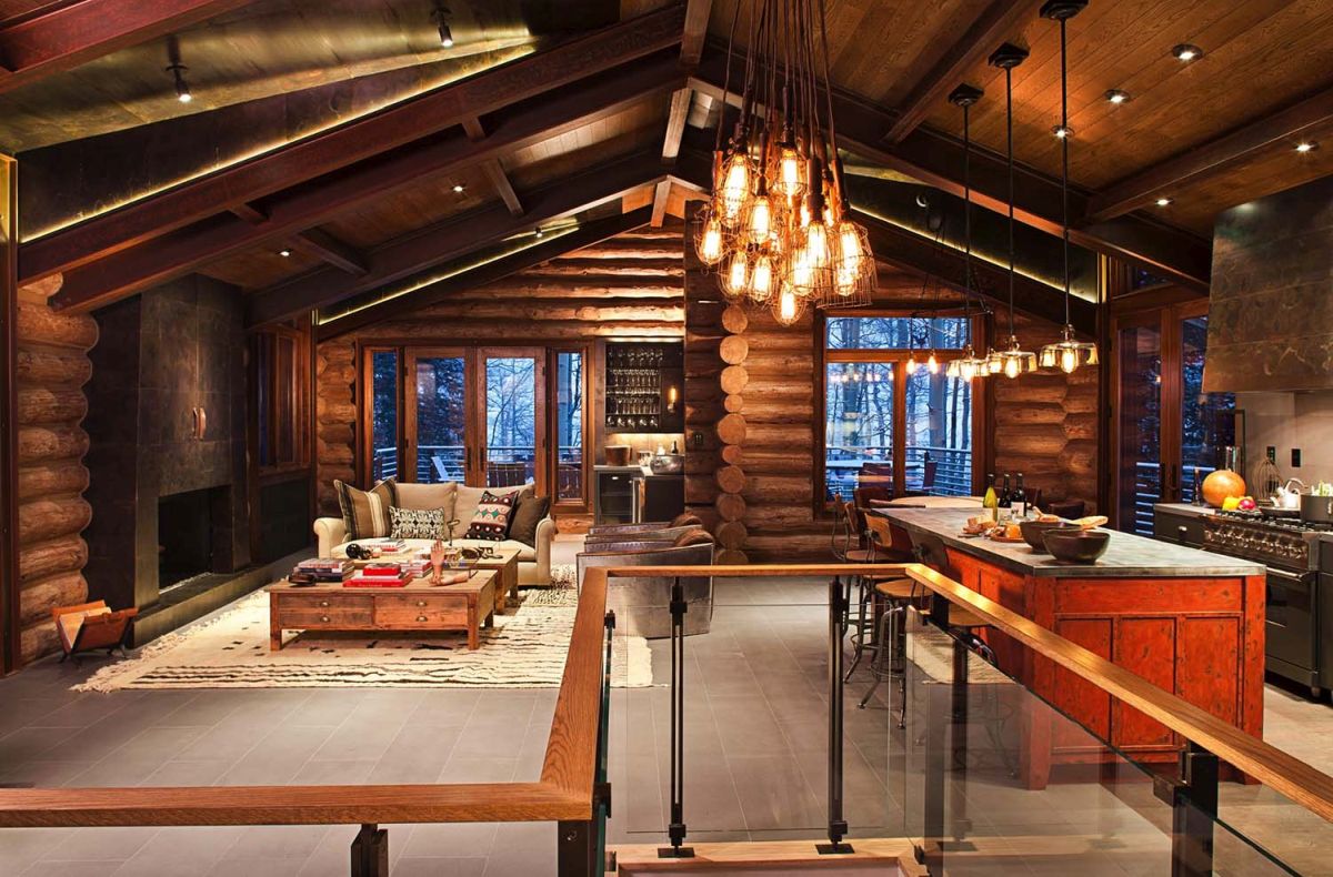 Rustic log cabin design with a large living room