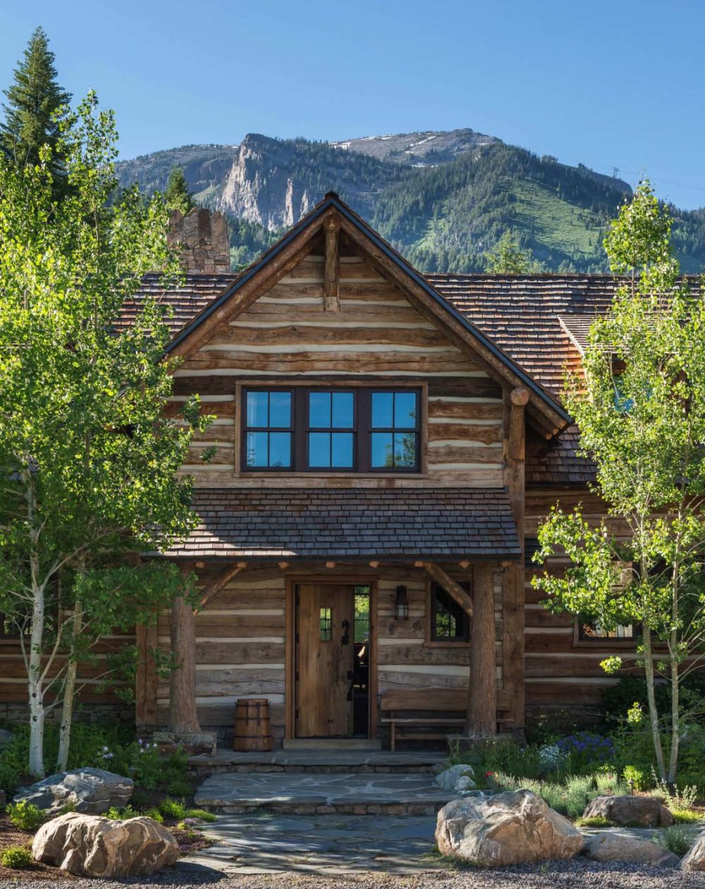 The facade is backed by the spectacular Teton mountains.