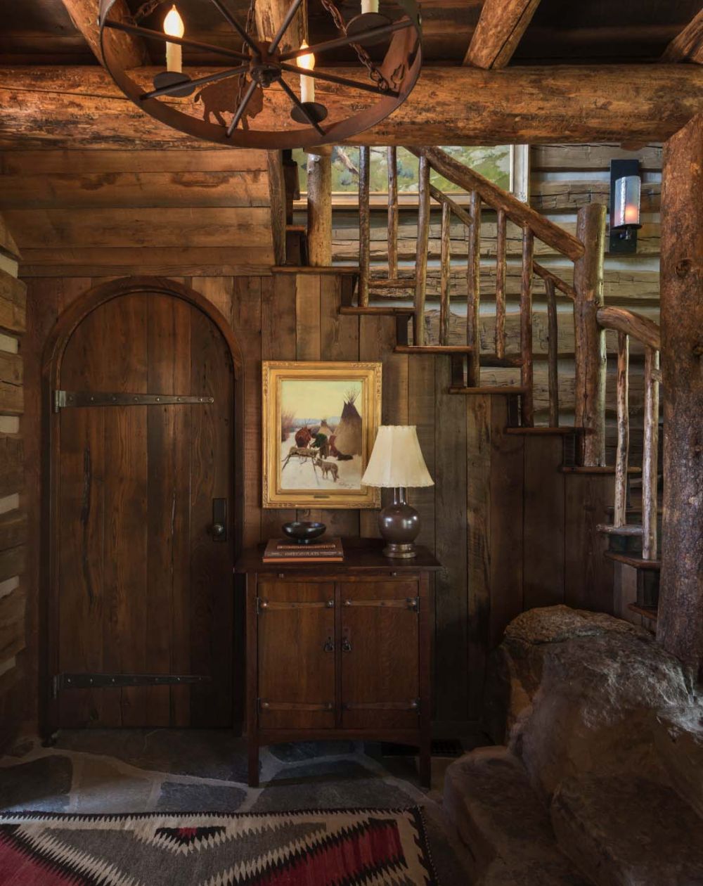 This nook is distinguished by stone flooring.