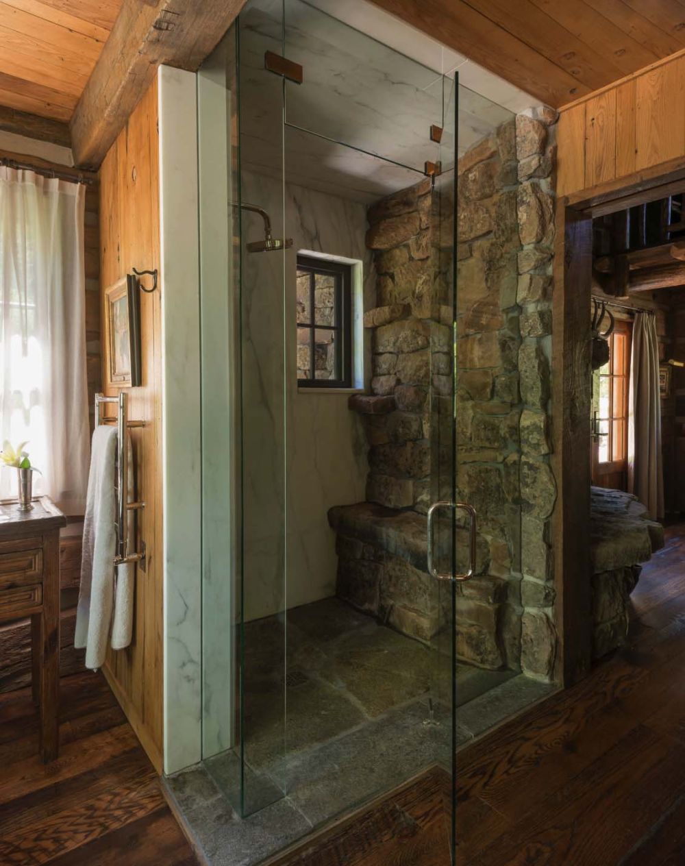 Rustic mountain residence in in Teton Valley Wyoming walk in shower